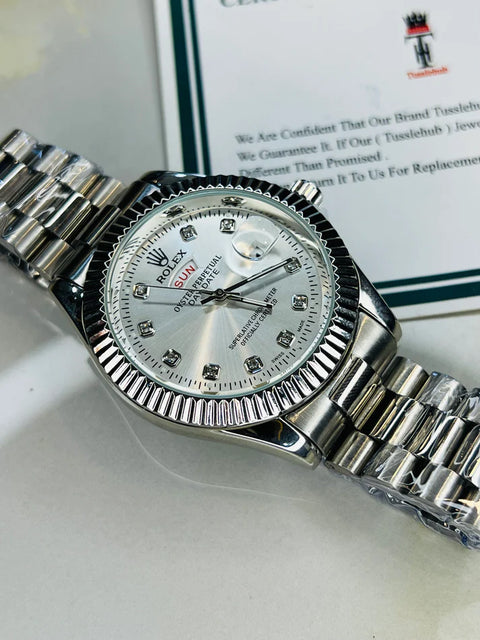 Premium Day Date Rolex Silver White Dial Watch