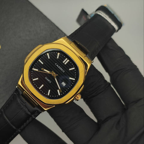 Luxurious Gold Watch Leather Strap With Free Men Golden Stone Bracelet