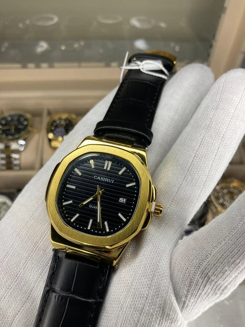 Luxurious Gold Watch Leather Strap With Free Men Golden Stone Bracelet