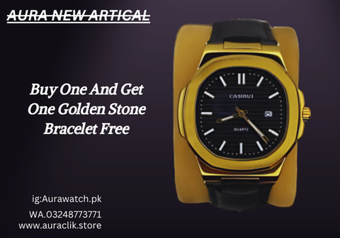 Luxurious Gold Watch Leather Strap With Free Men Golden Stone Bracelet